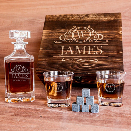 Personalised Whiskey Decanter Set Wooden Box and Stone 7