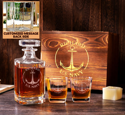 Premium Personalised Decanter Gift Set with wooden box and ice cube, Gift for U.S.Navy