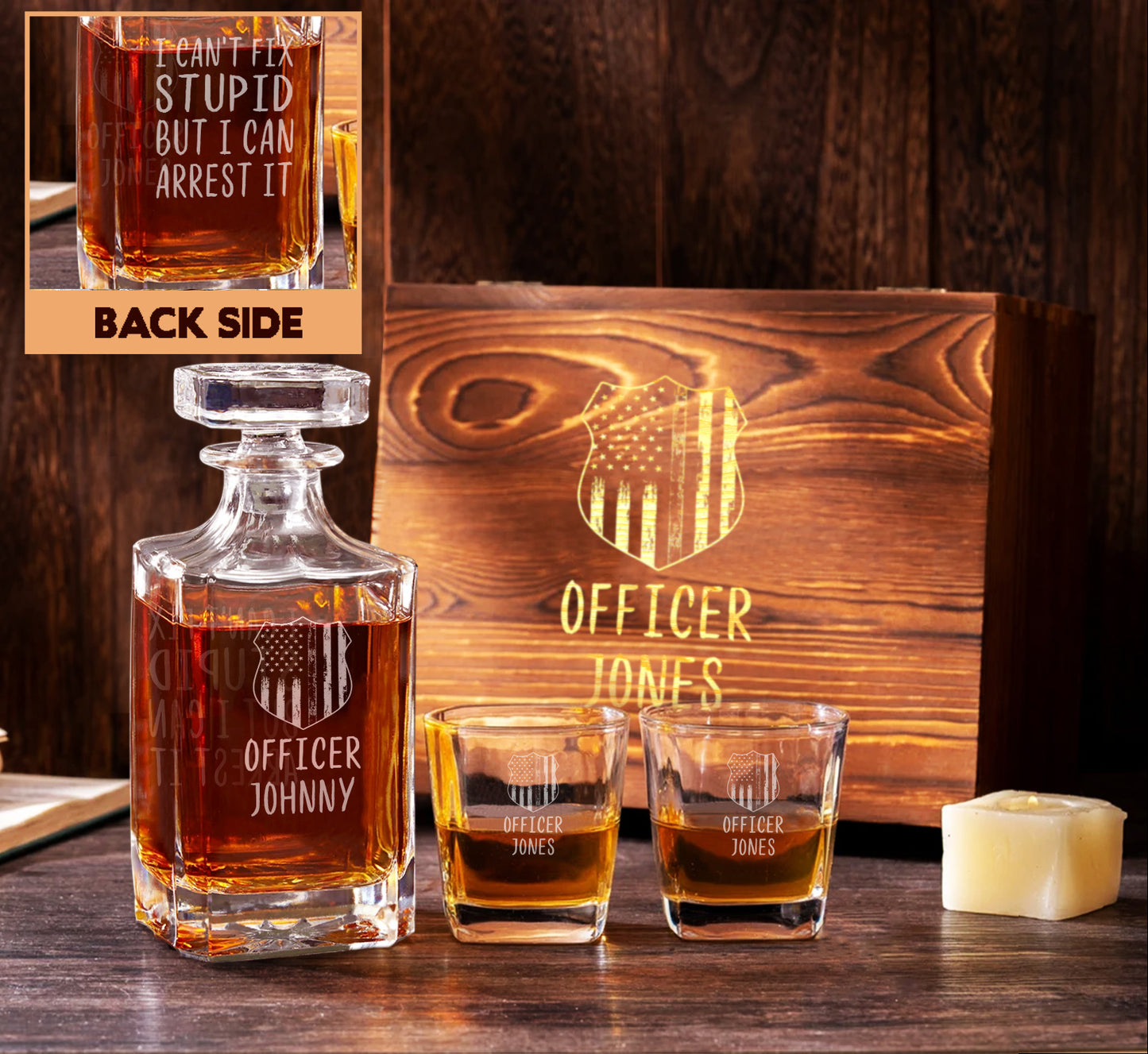 Personalised Decanter Gift set with wooden box and ice cubes, Gift for Police Officer, Law Enforcement