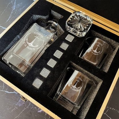 Premium Personalised Decanter Gift Set with wooden box and ice cube, Gift for U.S.Navy