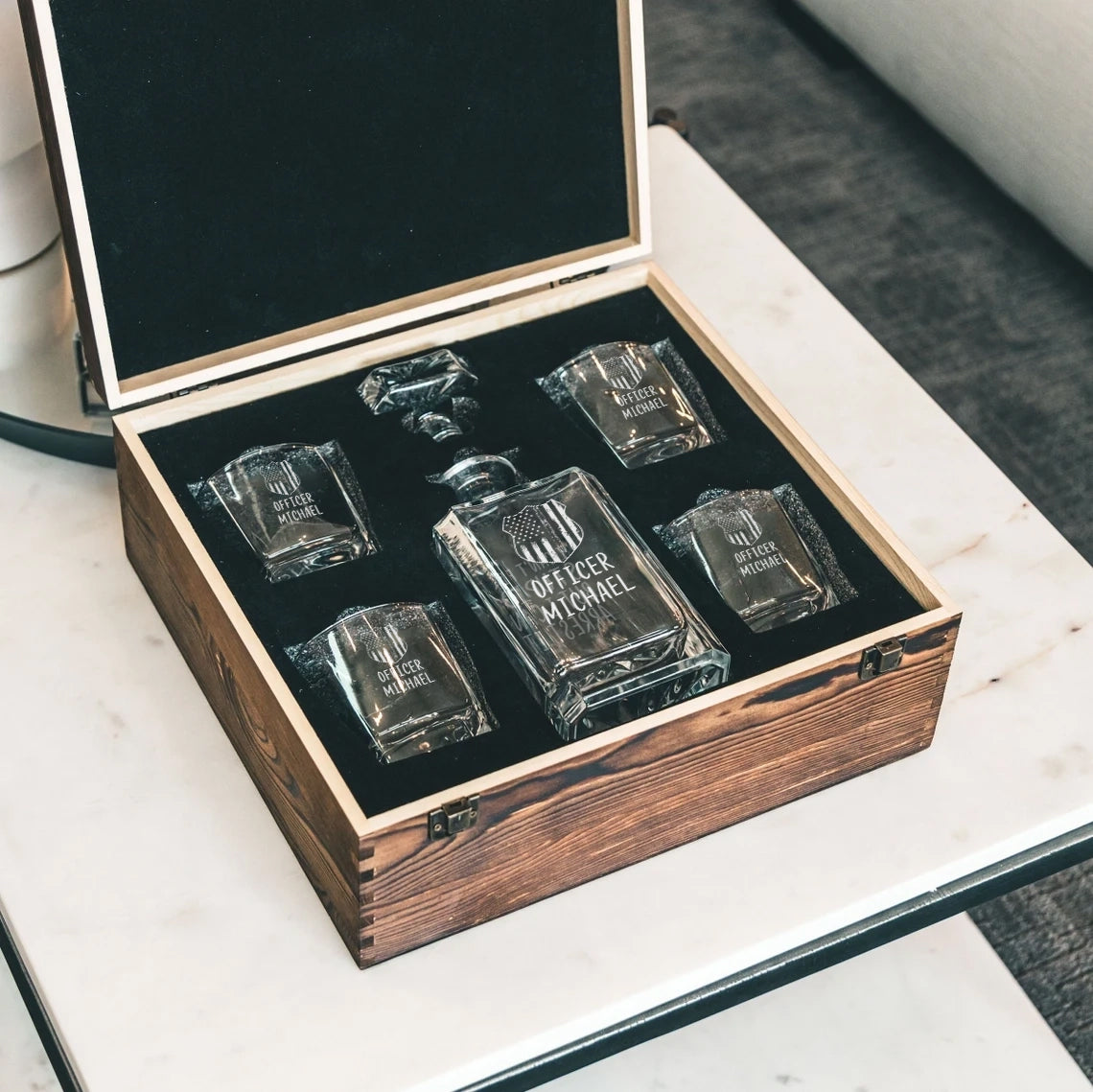 Personalised Decanter Gift set with wooden box and ice cubes, Gift for Police Officer, Law Enforcement