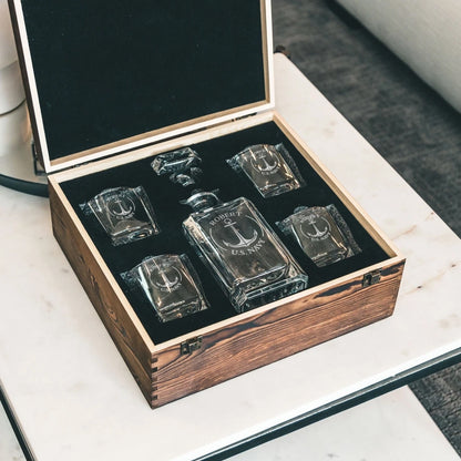 Premium Personalised Decanter Gift Set with wooden box and ice cube, Gift for U.S.Navy