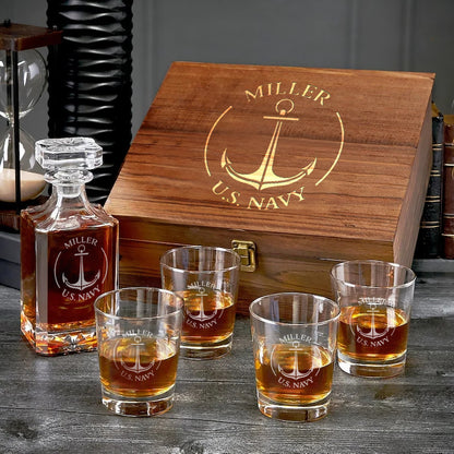 Premium Personalised Decanter Gift Set with wooden box and ice cube, Gift for U.S.Navy