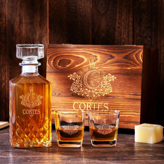 CORTES 13K3 Personalized Decanter Set wooden box and Ice 5