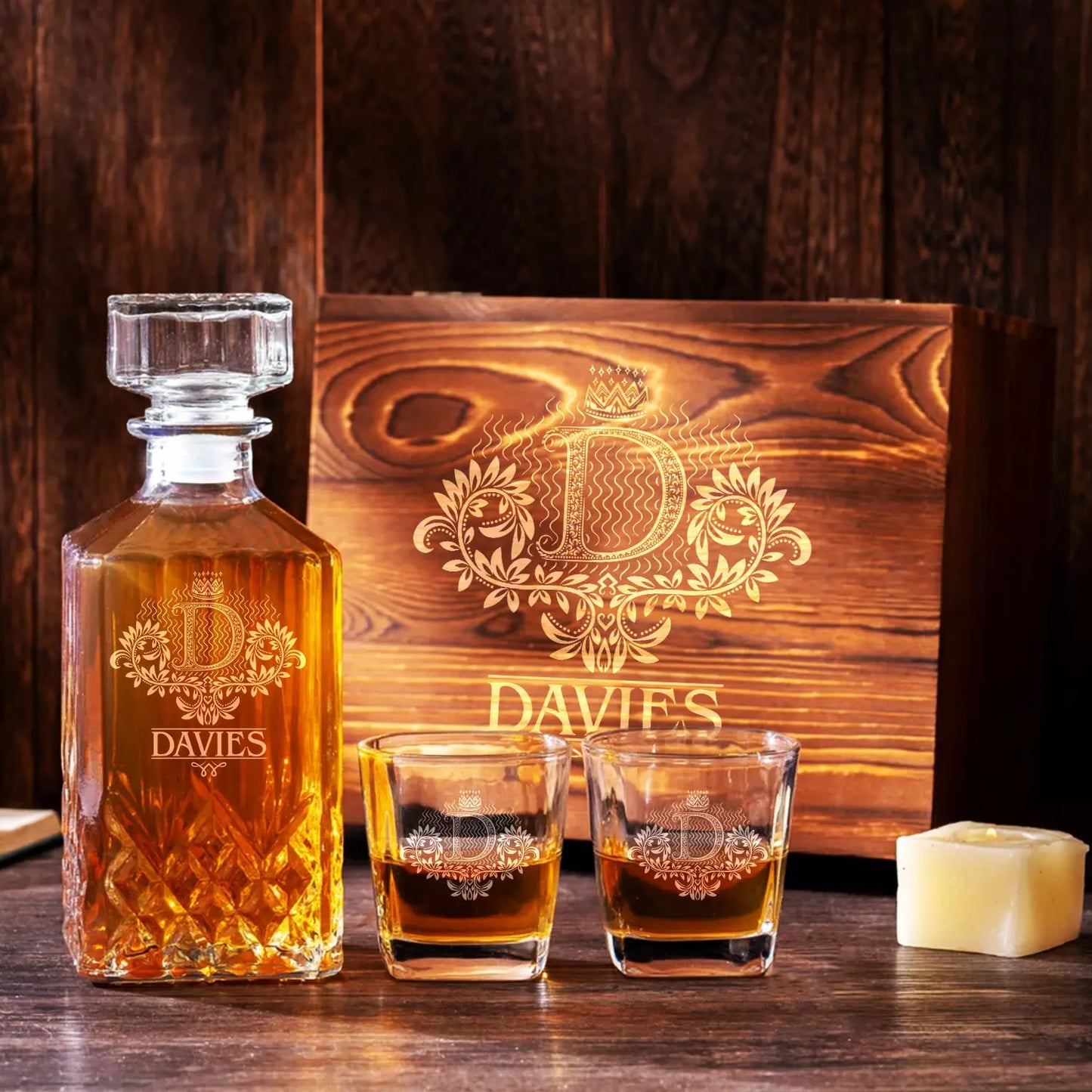 DAVIES 13K3 Personalized Decanter Set wooden box and Ice 5