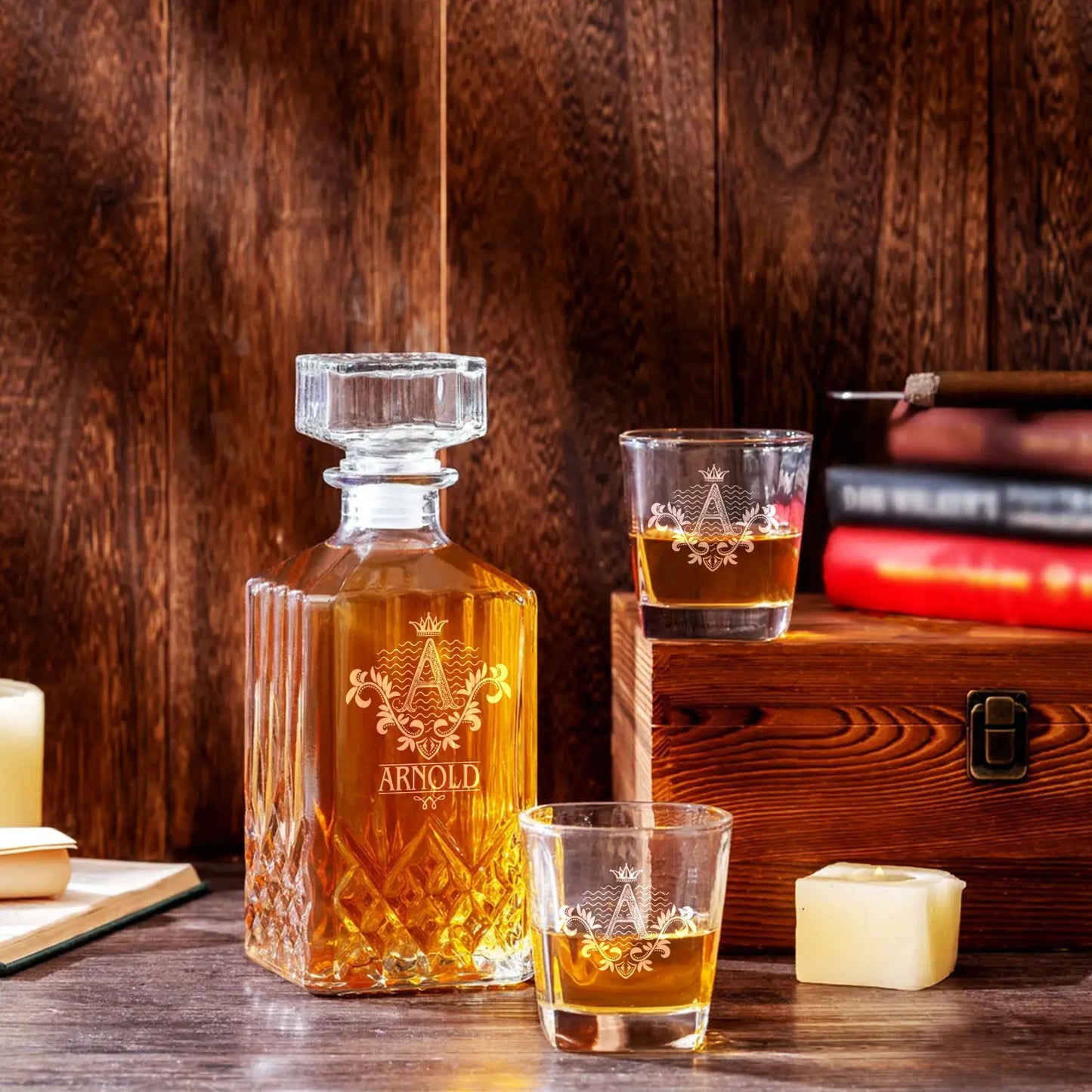 ARNOLD F01 Personalized Decanter Set wooden box and Ice 5