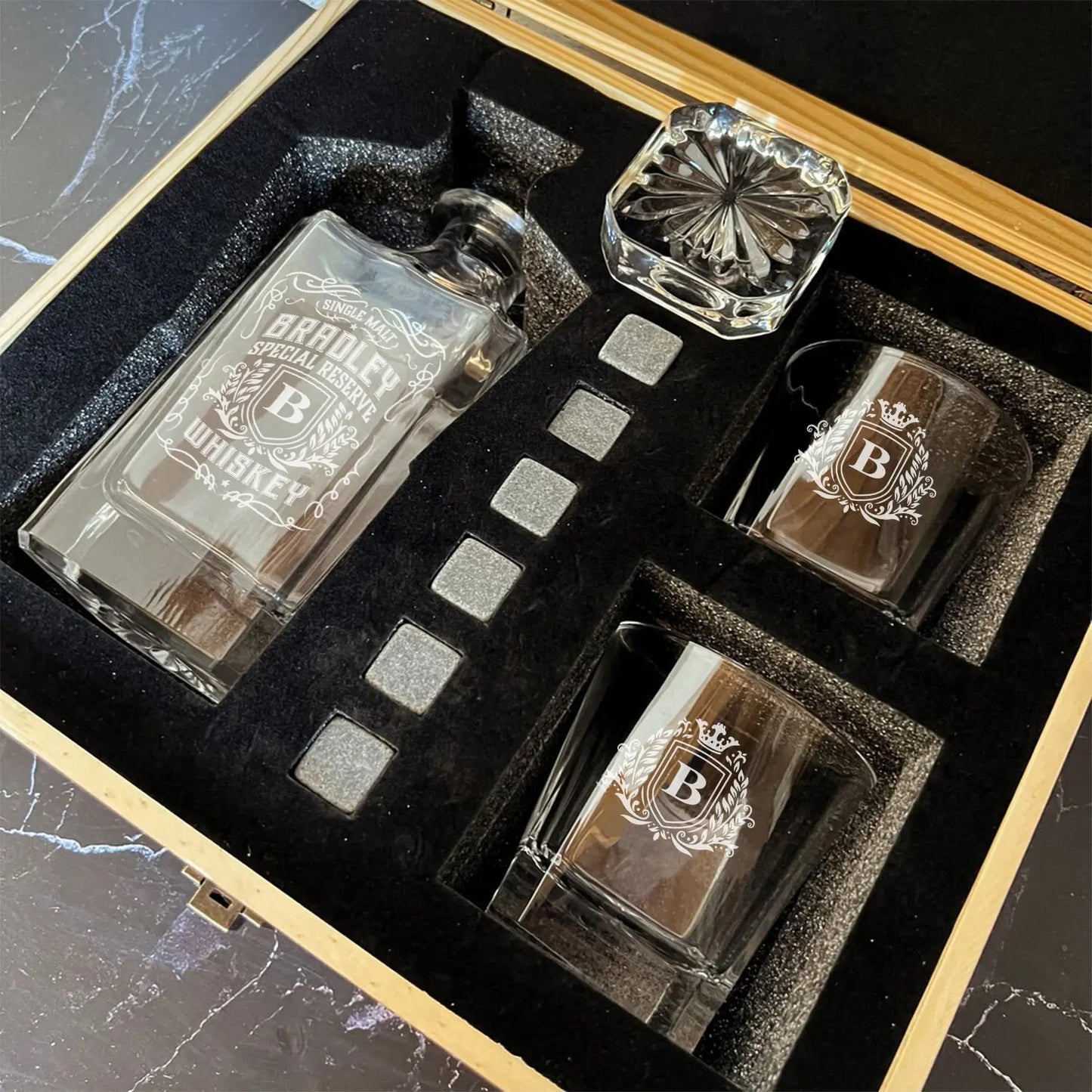 BRADLEY A01 Personalized Decanter Set wooden box and Ice 9