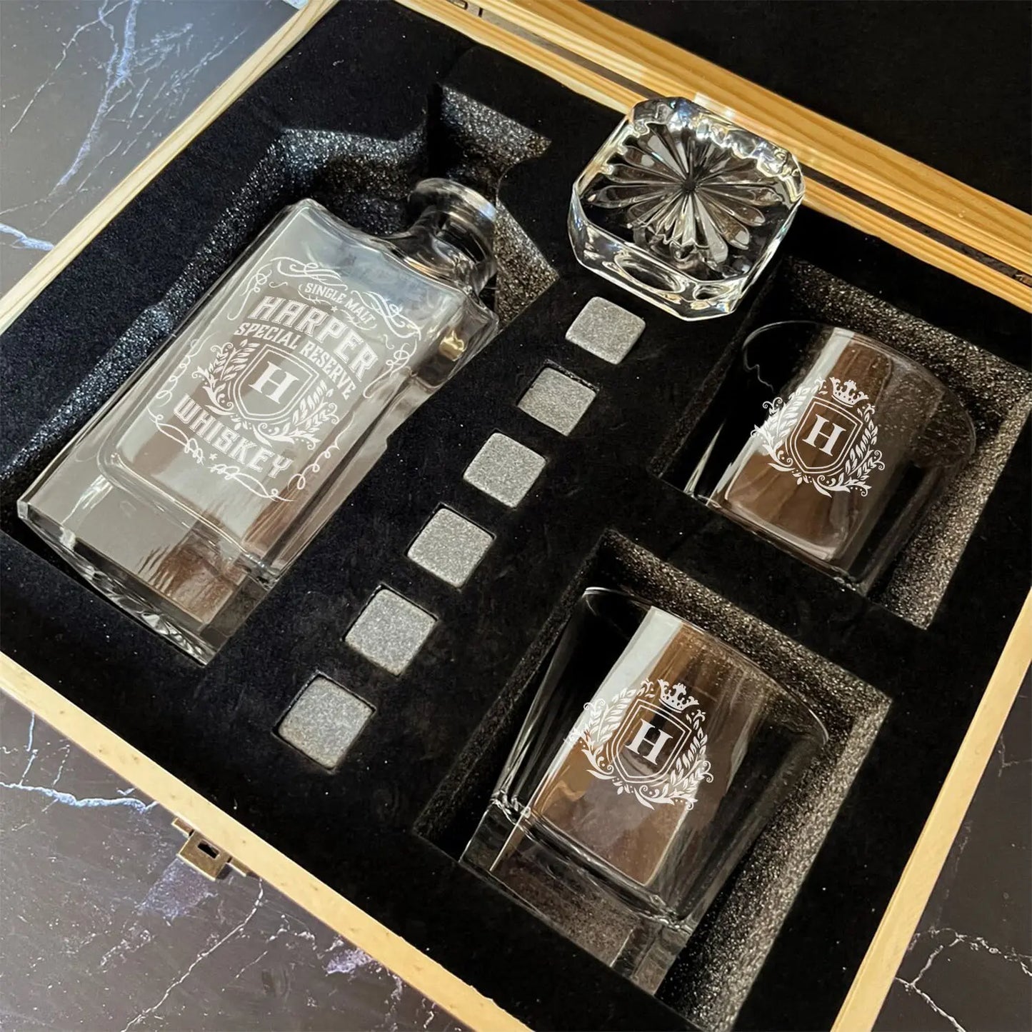 HARPER A01 Personalized Decanter Set wooden box and Ice 9