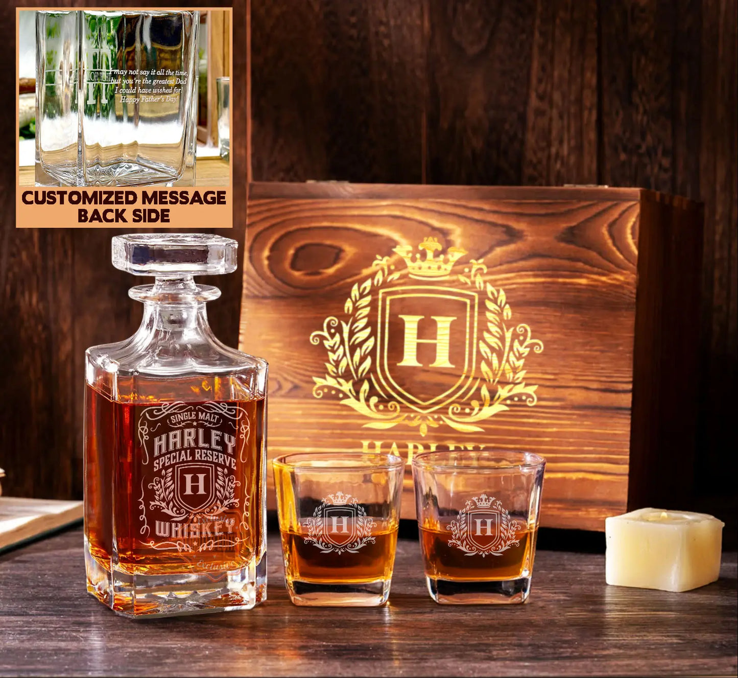 HARLEY H02 Personalized Decanter Set wooden box and Ice 9