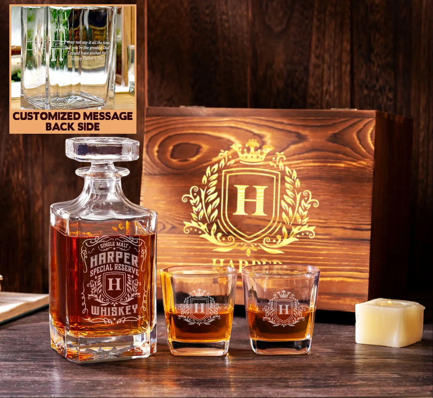 HARPER A01 Personalized Decanter Set wooden box and Ice 9