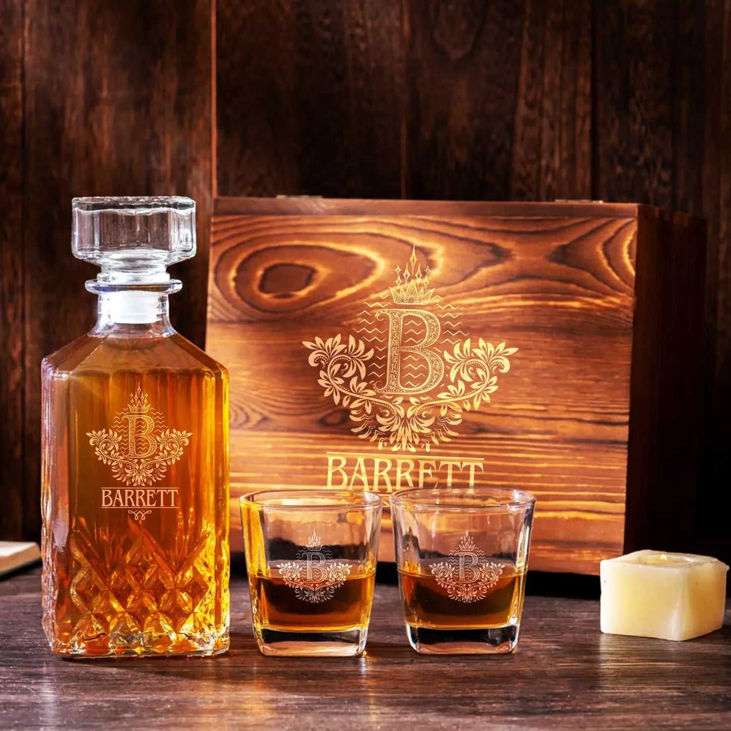 BARRETT 13K3 Personalized Decanter Set wooden box and Ice 5