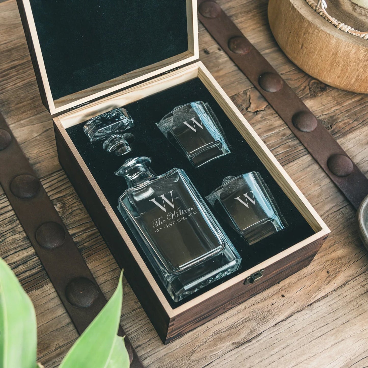 Engraved Scotch Glass & Stone Wooden Gift Box Set
