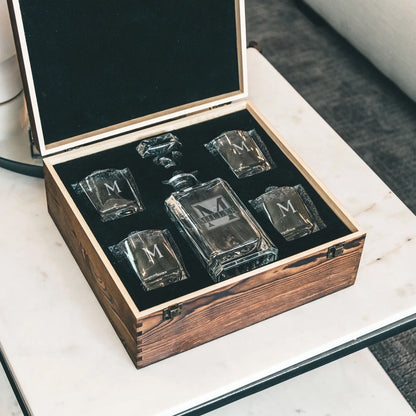 Personalised Whiskey Decanter Set Wooden Box and Stone 7